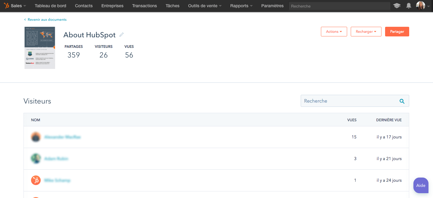 tracking des documents suivi HubSpot