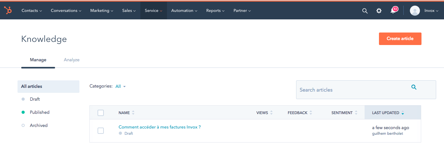 HubSpot Service : knowledge base