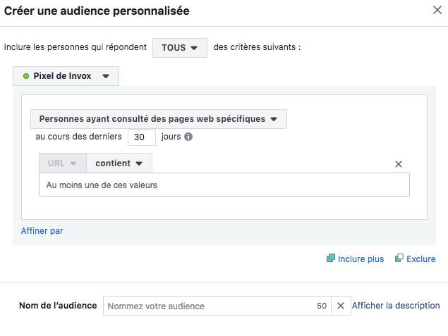 configuration du pixel facebook : audience personnalisée. Demand generation avec Linkedin