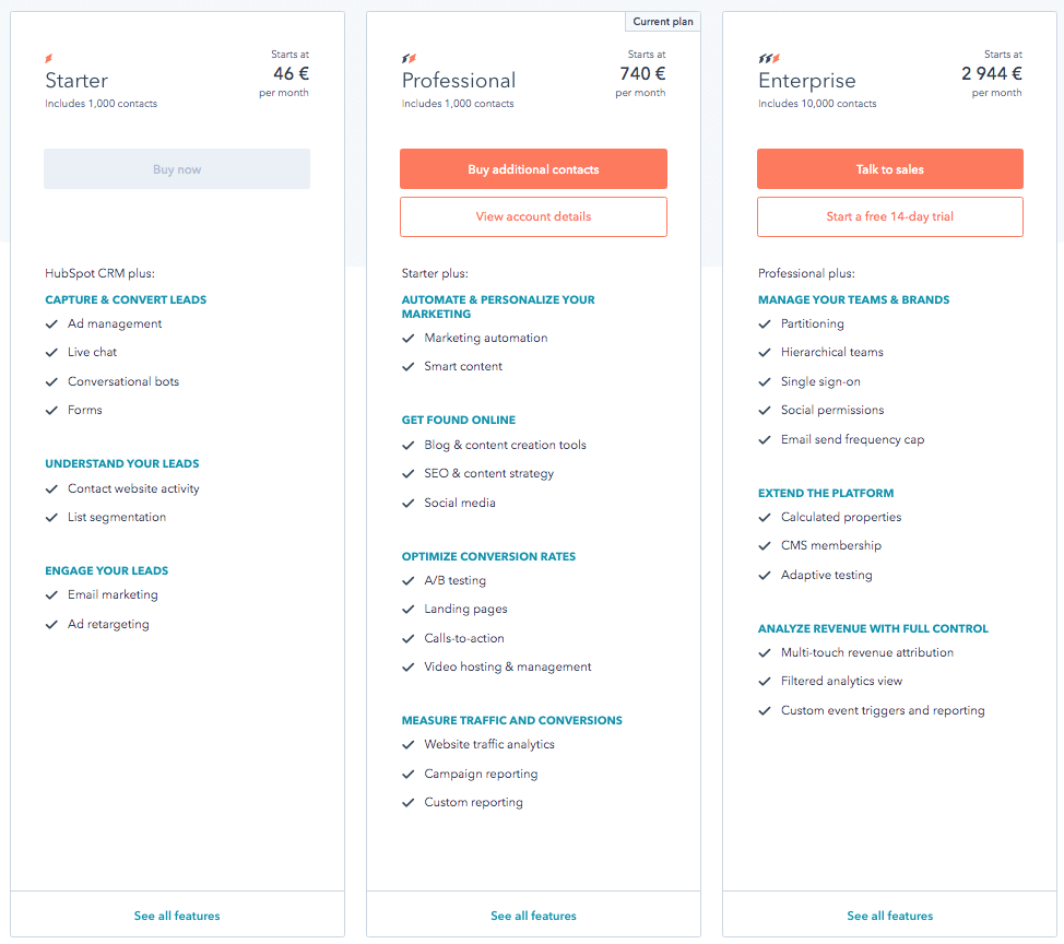 hubspot marketing pro & hubspot marketing enterprise
