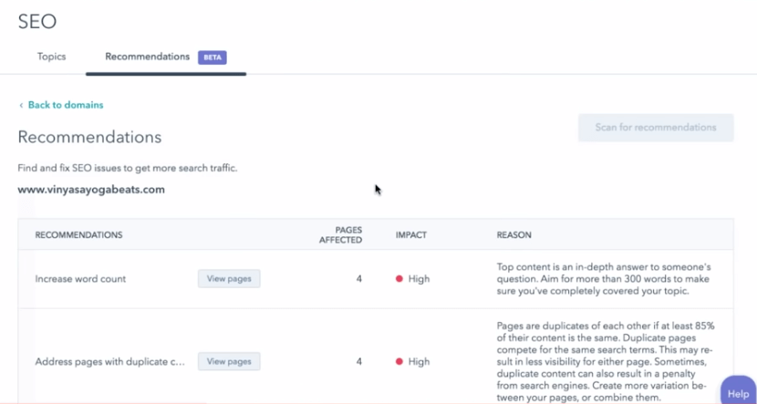 hubspot seo recommandation