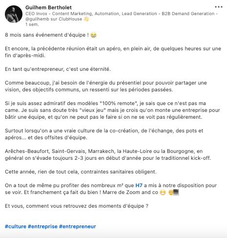 capture d'écran du post LinkedIn