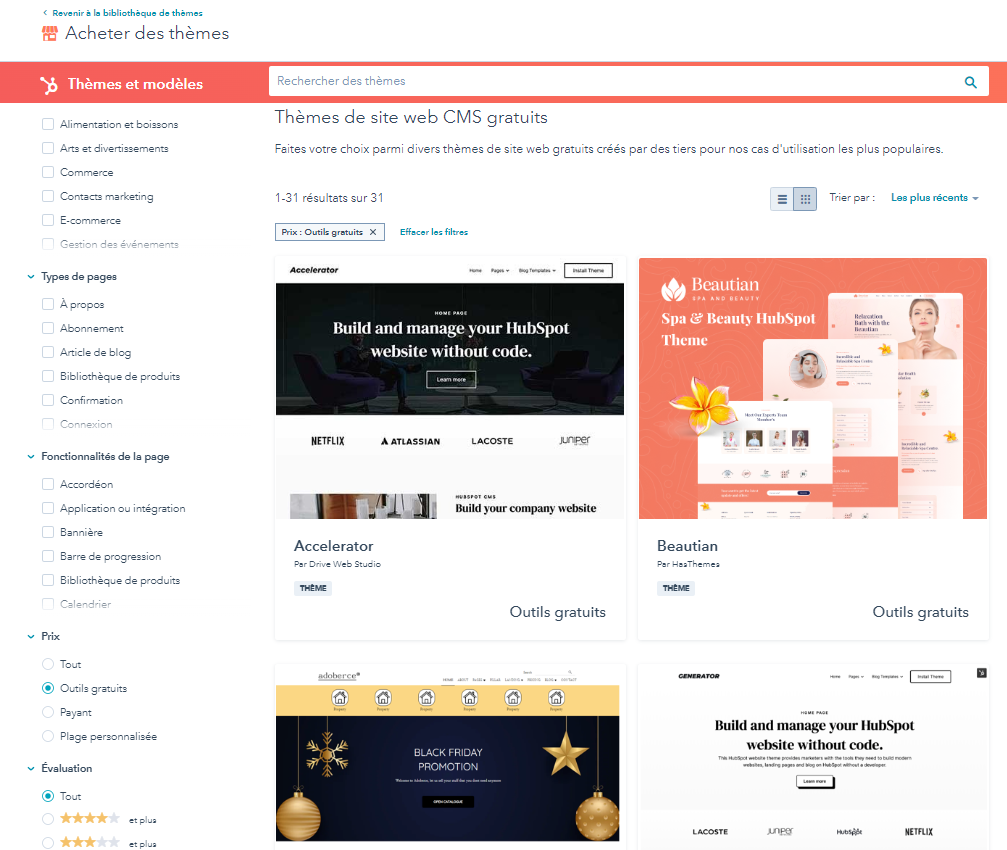 hubspot cms thèmes gratuits