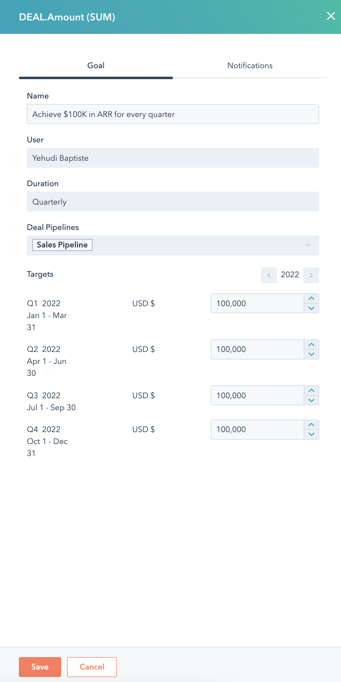 Objectifs personnalisés (Outil HubSpot Forecast)