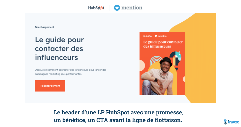 Le header d’une LP HubSpot claire avec une promesse, un bénéfice, un CTA avant la ligne de flottaison.