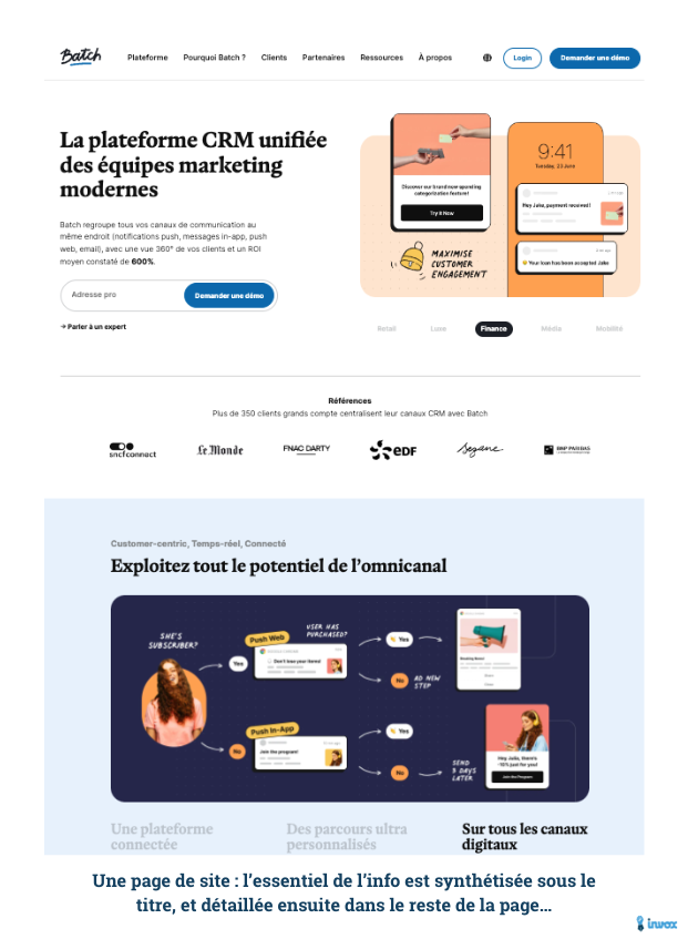 Une page de site l’essentiel de l’info est synthétisée sous le titre, et détaillée ensuite dans le reste de la page…