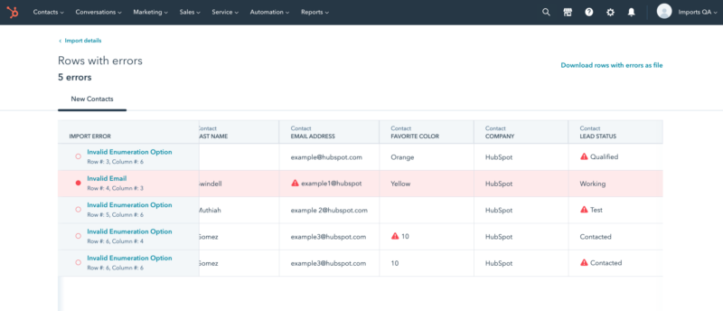 Tableau d'erreurs HubSpot