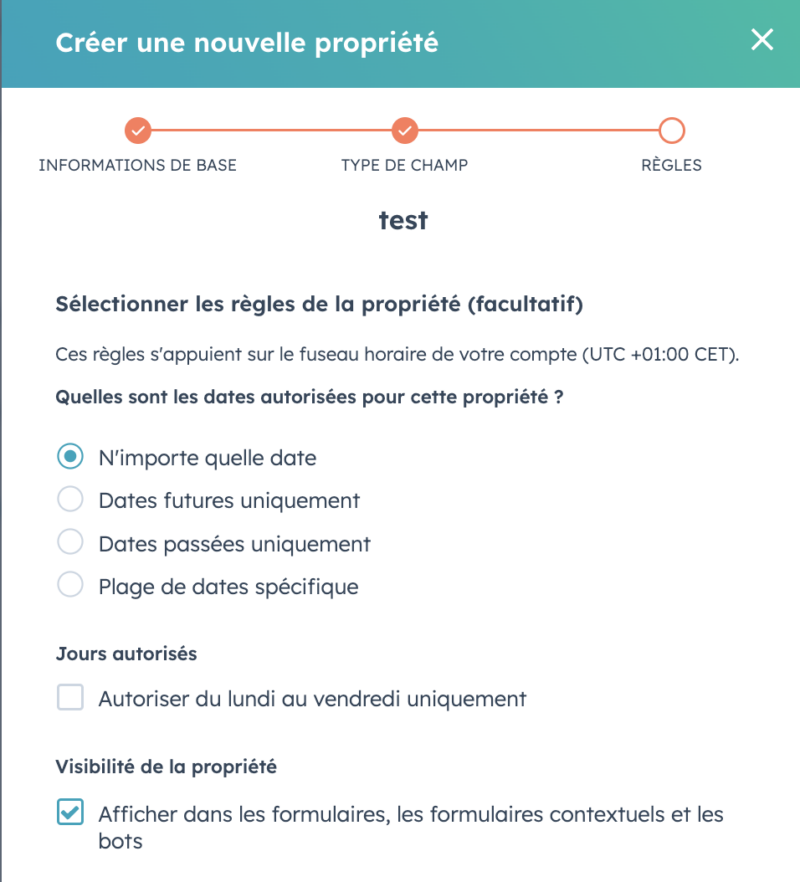 Validation des propriétés de type Calendrier