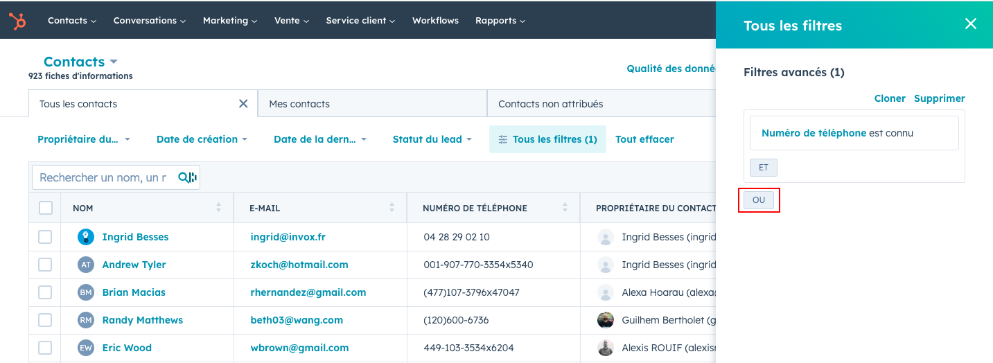 Filtre « Ou » disponible dans les pages d’index