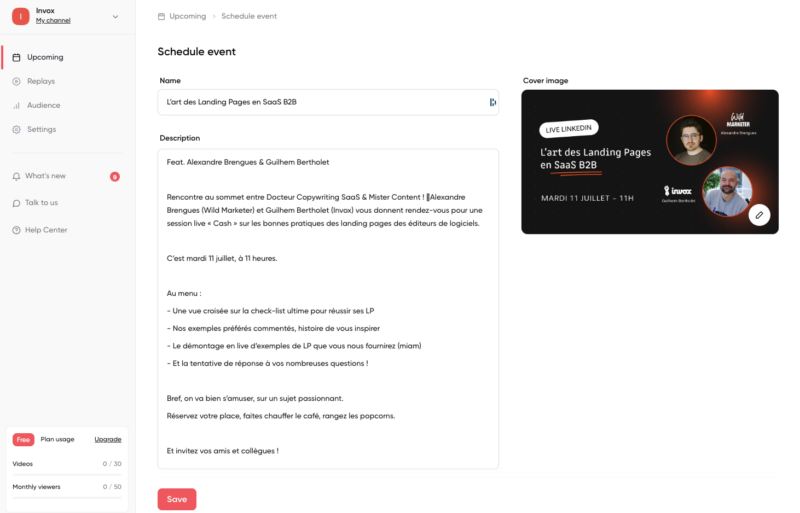 Logiciel de webinaire Contrast : planifier un événement