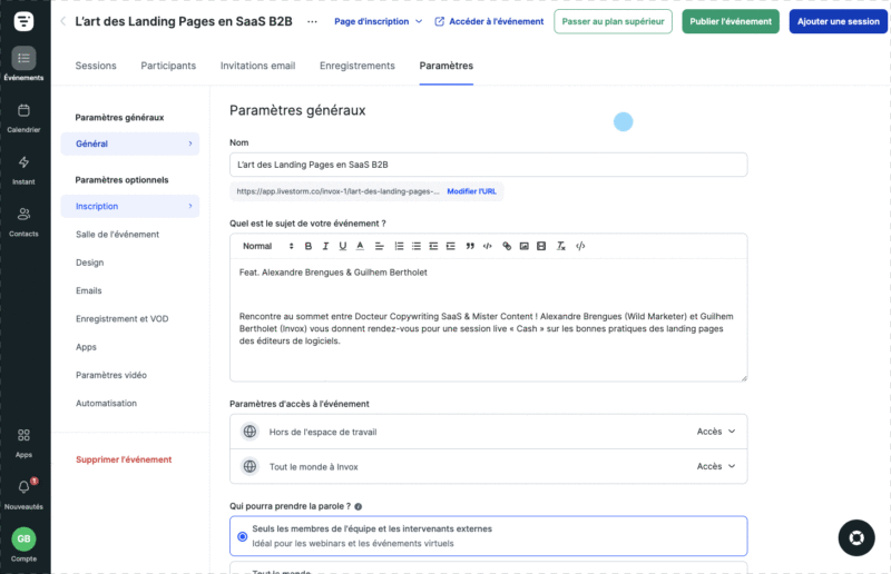 Logiciel de webinaire Livestorm : personnalisation et paramètres