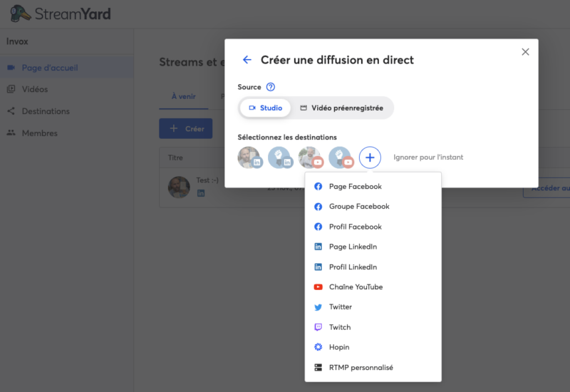Logiciel de webinaire StreamYard : créer une diffusion en direct