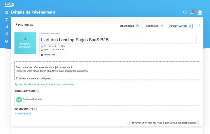 Logiciel de webinaire GoTo Webinar : détails de l'événement
