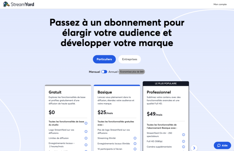 Logiciel de webinaire StreamYard : abonnements