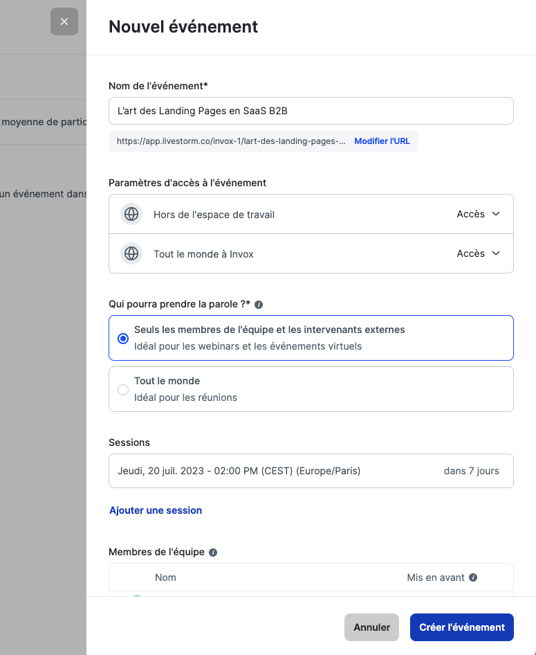 Logiciel de webinaire Livestorm : création d'un nouvel événement