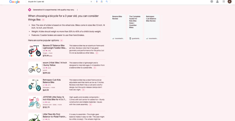 Le mode Vertical Experience de Google SGE