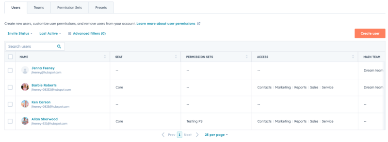 tableau des utilisateurs HubSpot