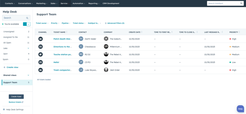 vue spéciale pour les agents de support 
