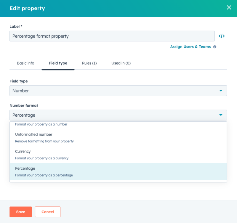 Propriétés de nombres en pourcentage HubSpot