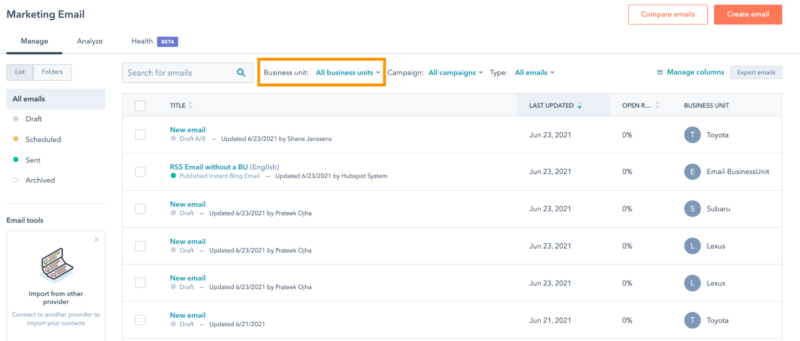 Emails catégorisés en business units HubSpot