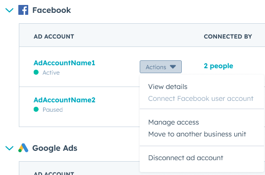 HubSpot : association des comptes publicitaires
