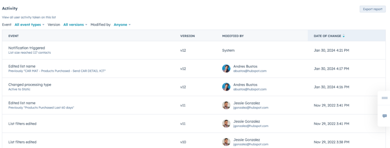 Journal d'activité de liste - Nouveautés HUbSpot mars 2024