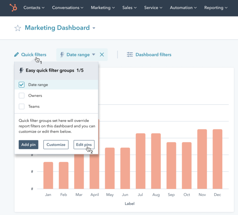 Filtres rapides de tableau de bord HubSpot